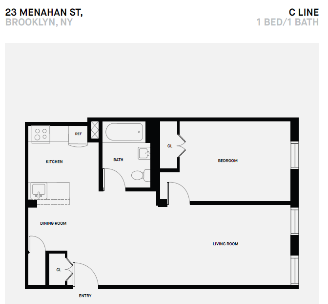 Floor plan for 1 bed, 1 bath, 648 sqft